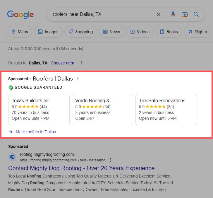 Google Local Service Ads (Google Guaranteed) for roofers near Dallas Texas